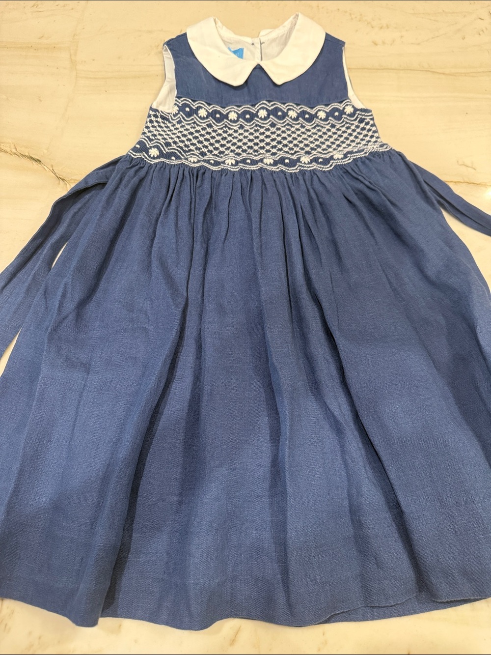 Girls' Blue Smocked Dress with Peter Pan Collar